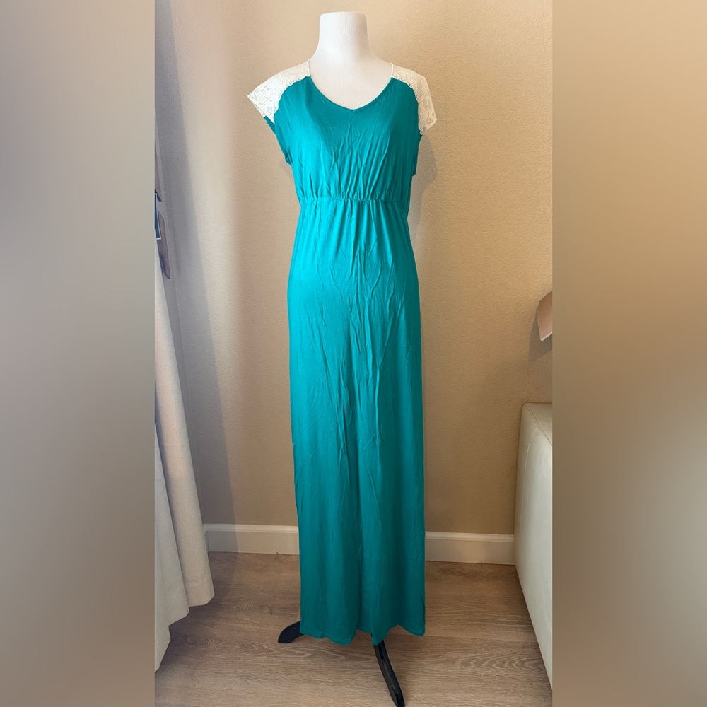Everly Grey Teal Maxi Dress with White Lace